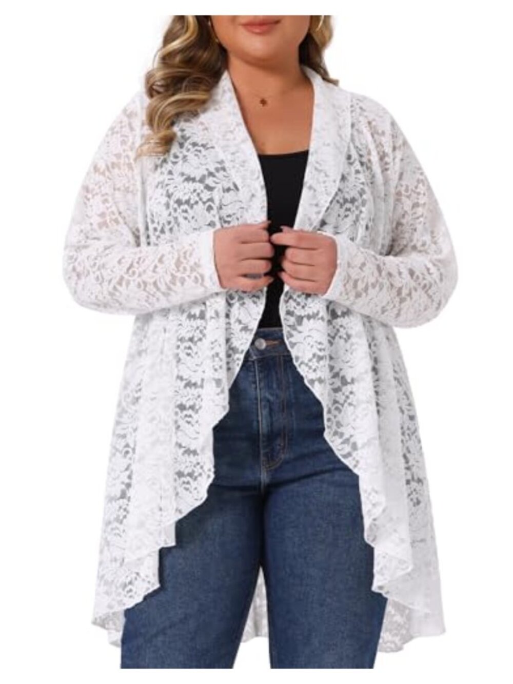 Lace Crochet Cardigan Sheer Ruffled Long Sleeve High Low Button Cover Up